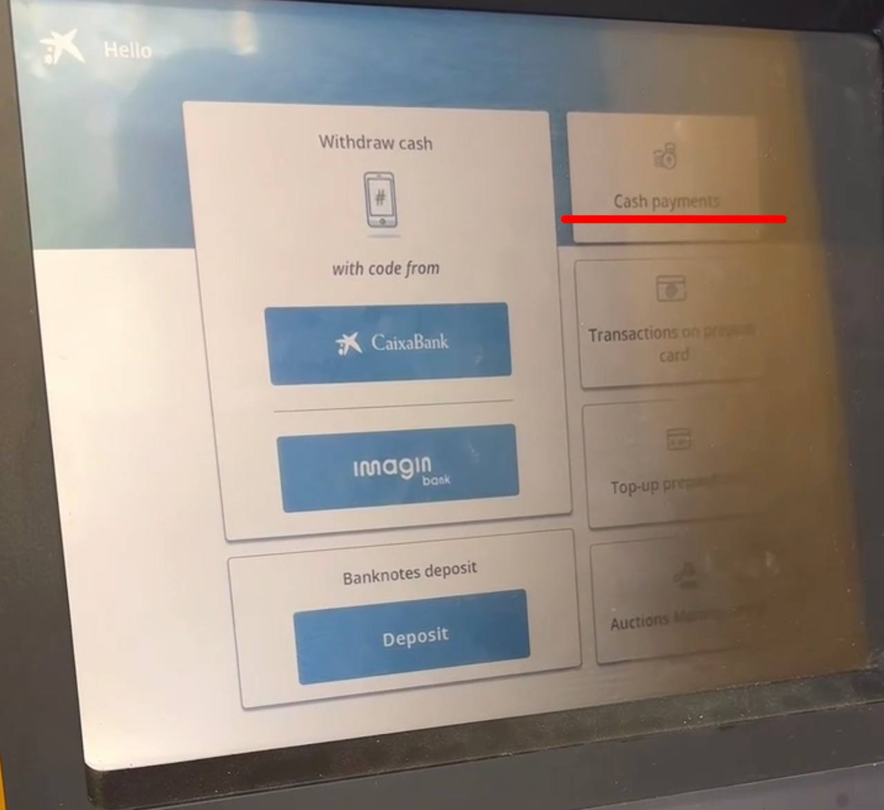 Cash payments section on a CaixaBank ATM