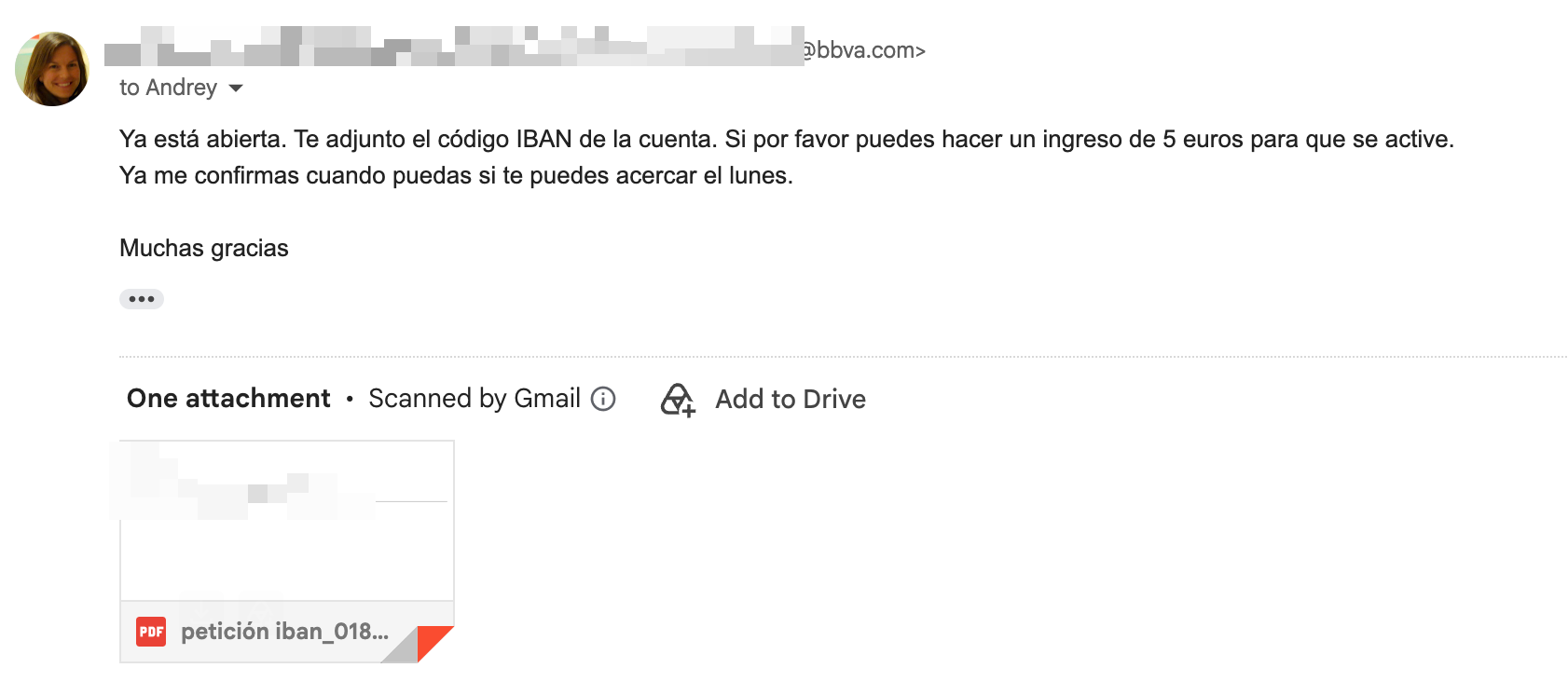 Email from a BBVA relationship manager confirming a corporate account was opened for an SL