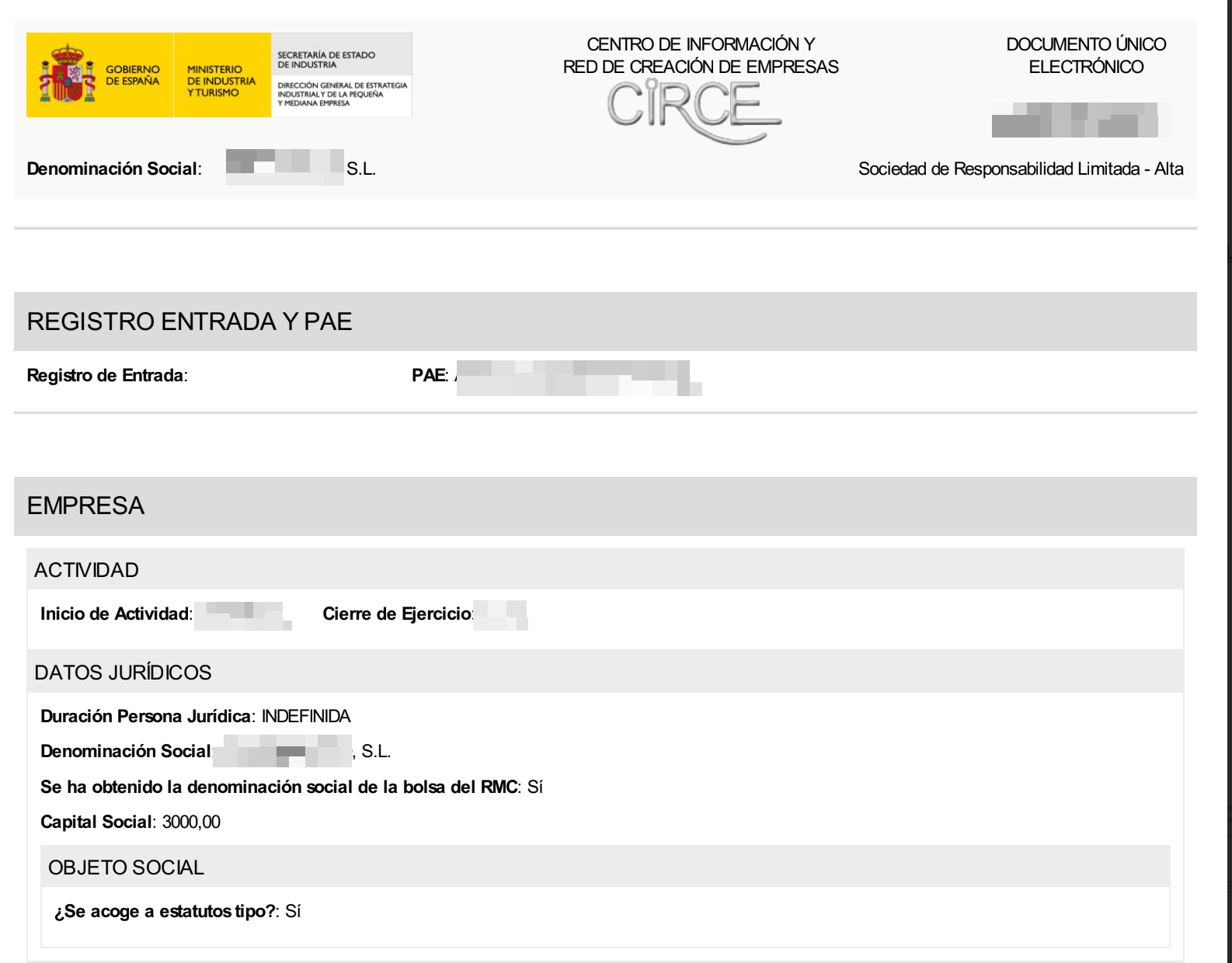 DUE (Documento Único Electrónico) in the CIRCE system — company data for SL registration