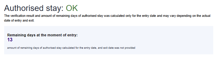 EES result screen showing Authorised stay: OK and remaining days at the moment of entry