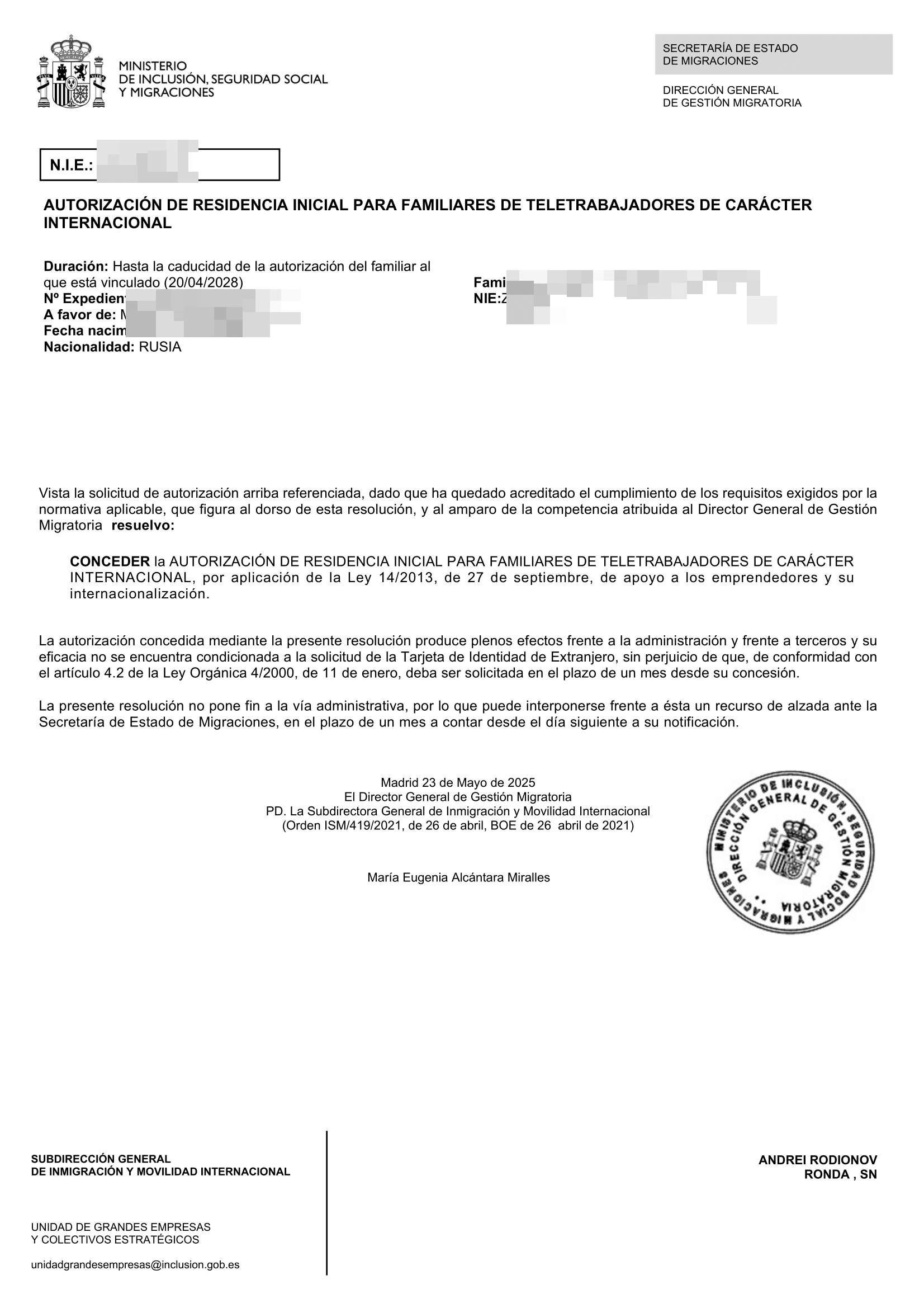 Favorable — Spain residency approval