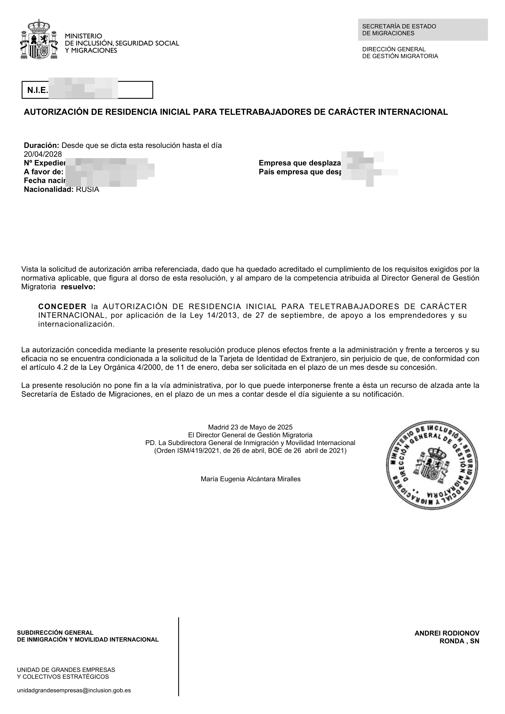 Favorable — Spain residency approval