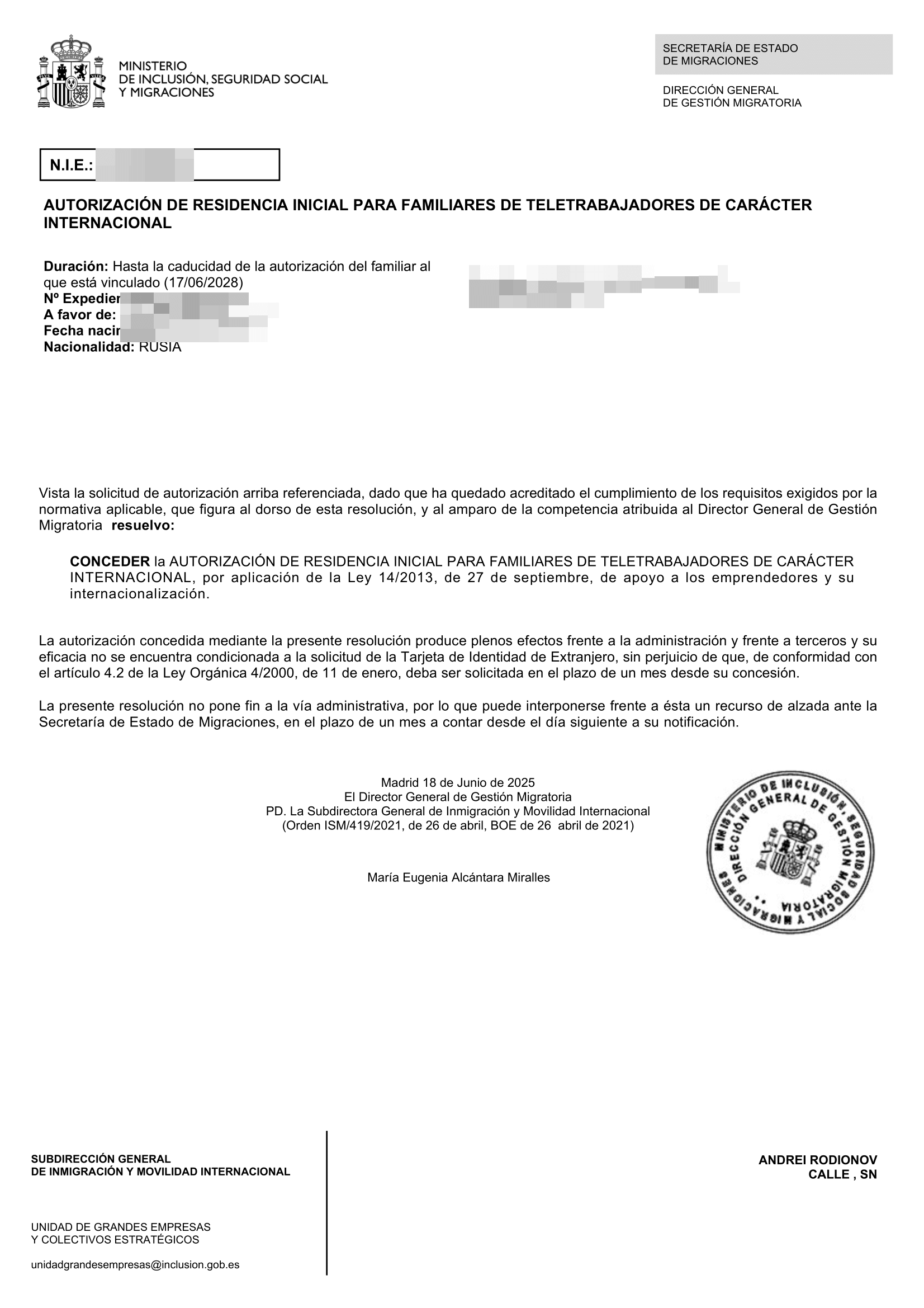 Favorable — Spain residency approval