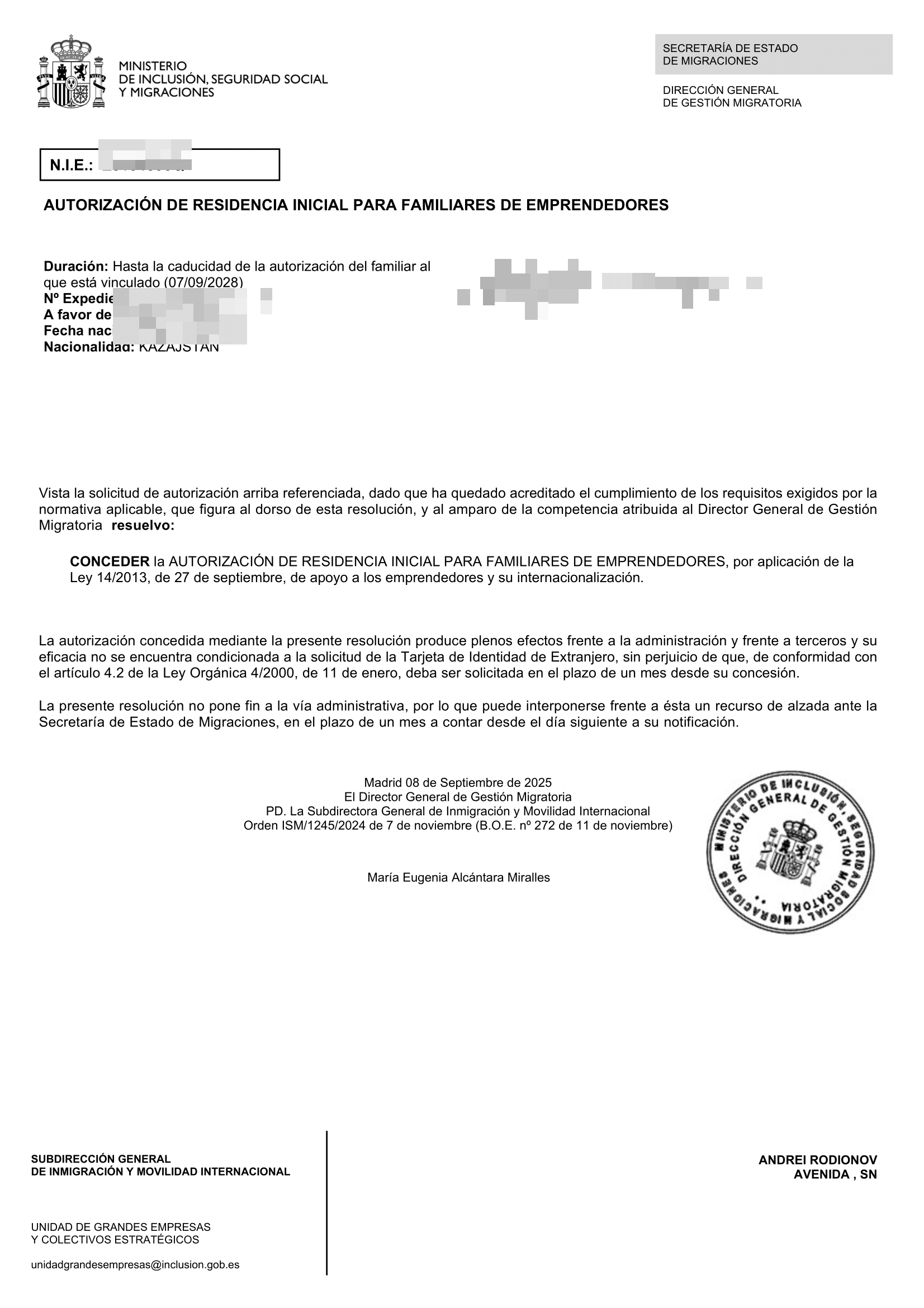 Favorable — Spain residency approval