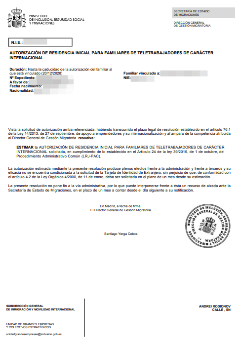 Spanish residence permit approval letter