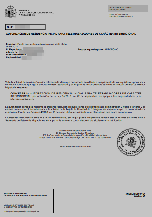 Spanish residence permit approval letter