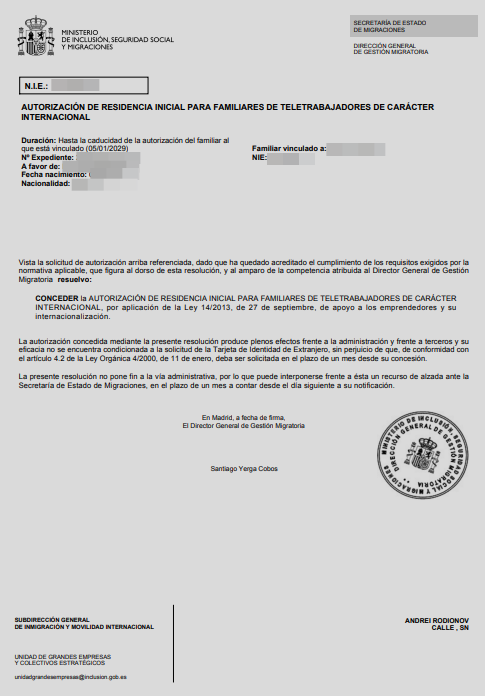 Spanish residence permit approval letter