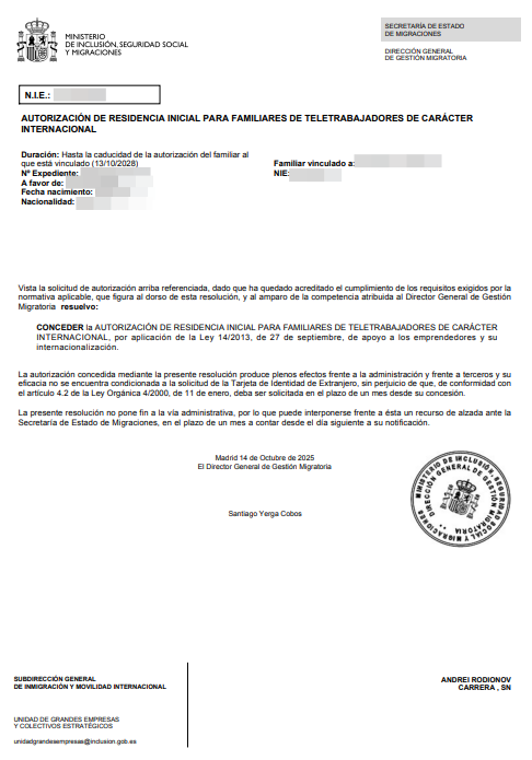 Spanish residence permit approval letter