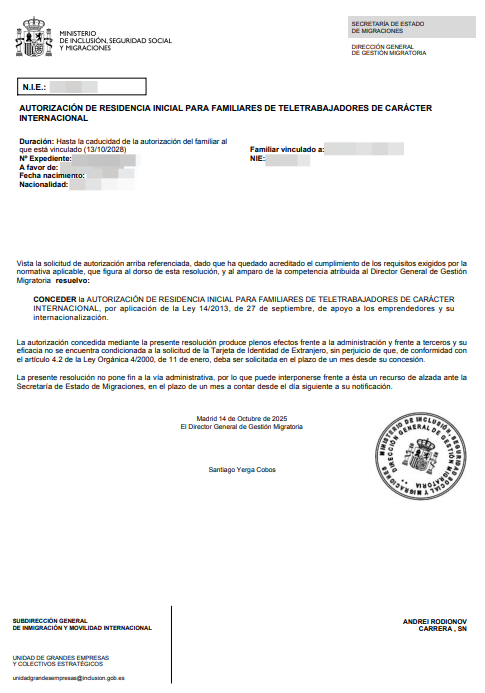 Spanish residence permit approval letter