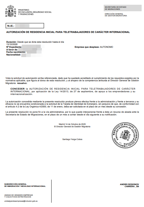 Spanish residence permit approval letter
