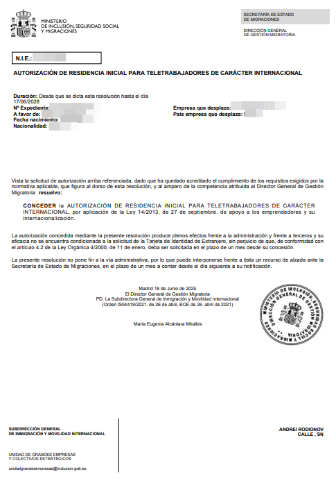 Spanish residence permit approval letter