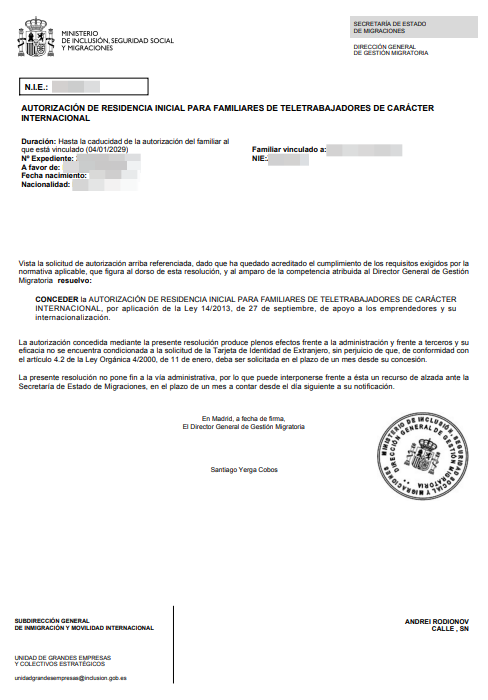 Spanish residence permit approval letter