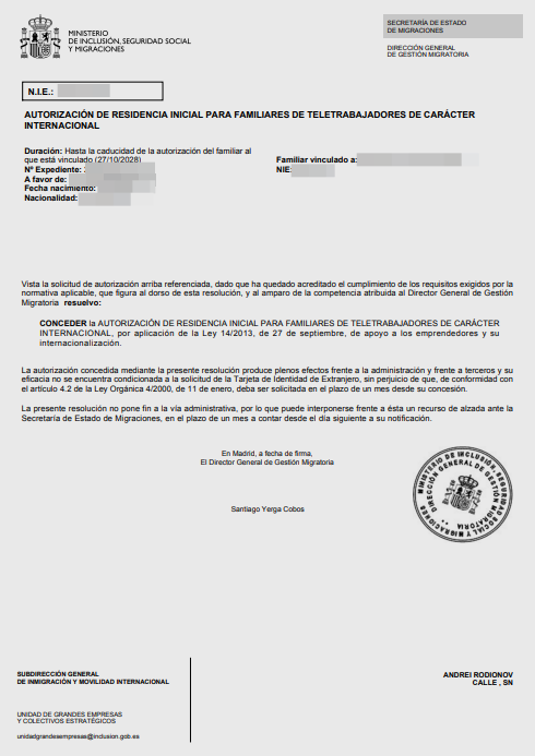 Spanish residence permit approval letter