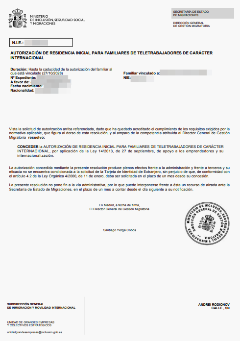 Spanish residence permit approval letter