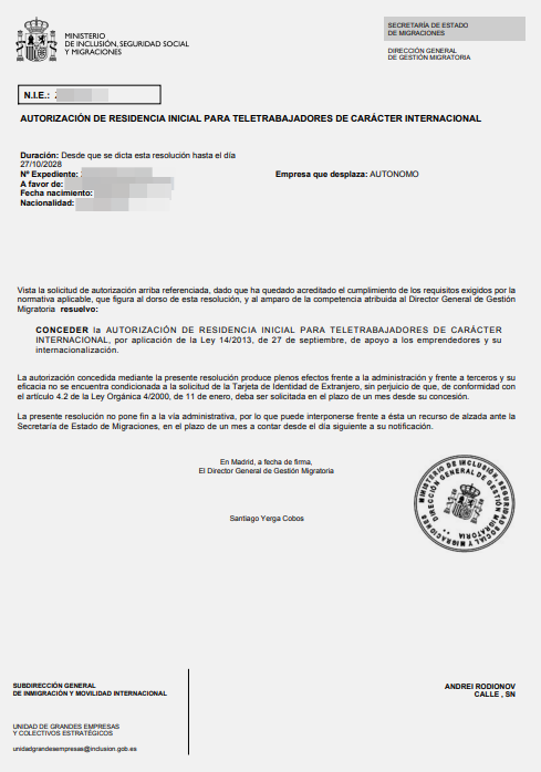 Spanish residence permit approval letter