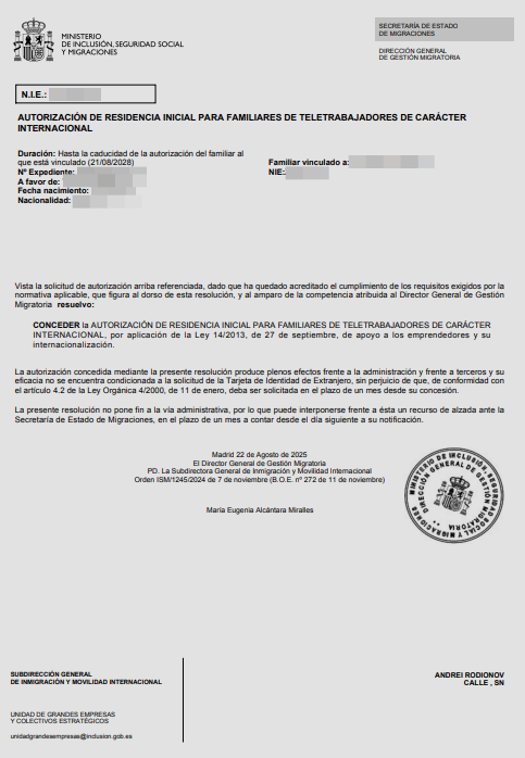Spanish residence permit approval letter