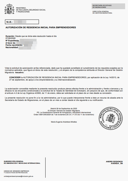 Spanish residence permit approval letter