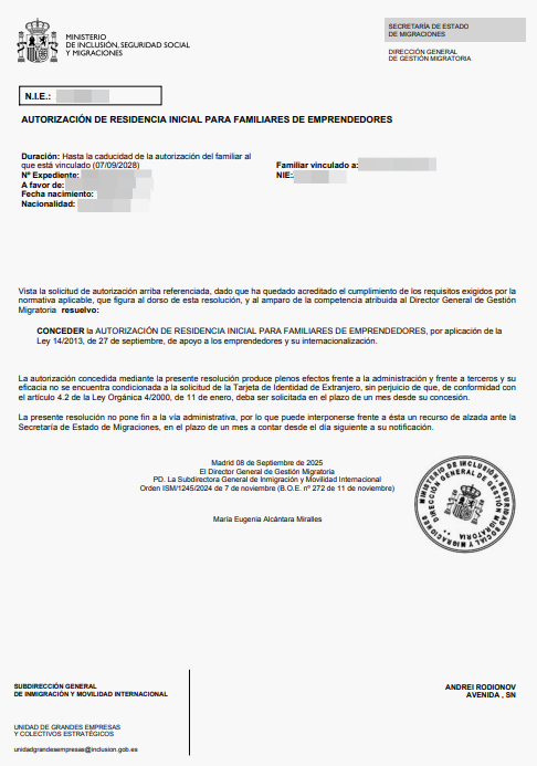 Spanish residence permit approval letter