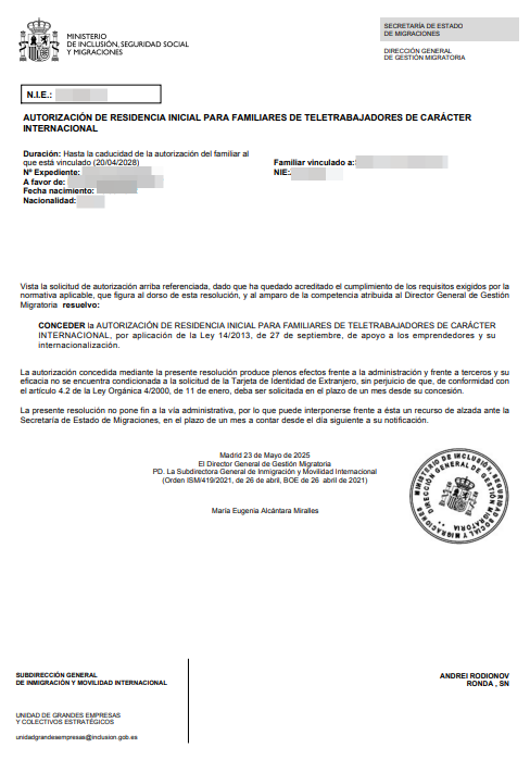 Spanish residence permit approval letter