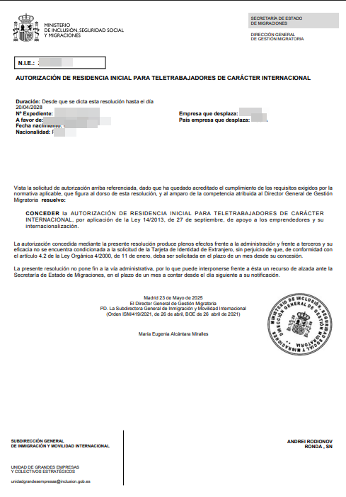 Spanish residence permit approval letter