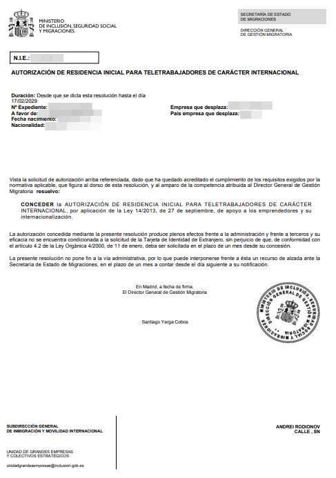 Spanish residence permit approval letter