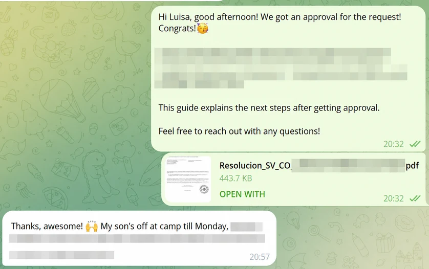 Screenshot of a client's WhatsApp conversation with EspañaGo about their Spain visa