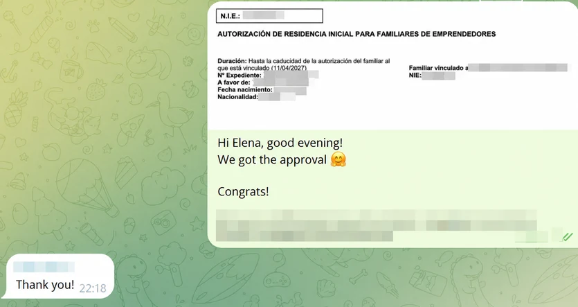 Screenshot of a client's WhatsApp conversation with EspañaGo about their Spain visa