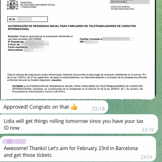 Screenshot of a client's WhatsApp conversation with EspañaGo about their Spain visa