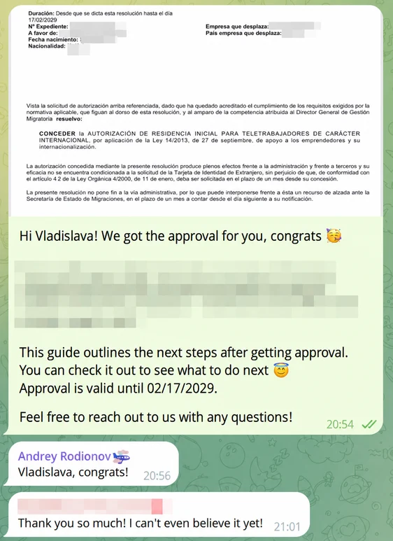 Screenshot of a client's WhatsApp conversation with EspañaGo about their Spain visa