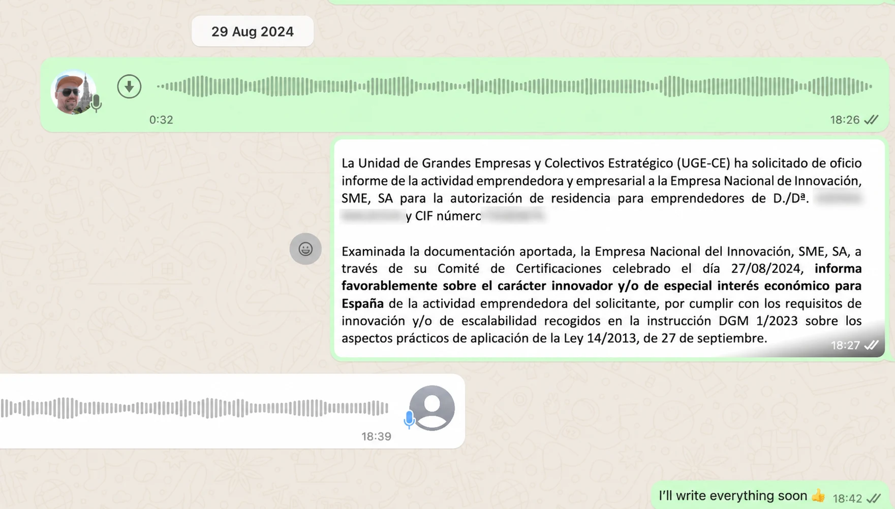Screenshot of a client conversation with EspañaGo